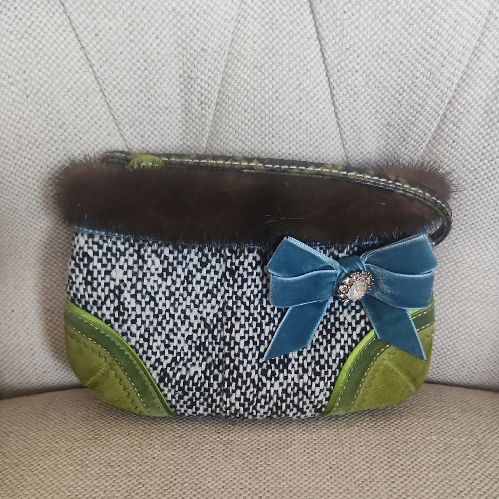 Coach Vintage Mink/Snakeskin/Tweed and Velvet Clutch with Bow Accent